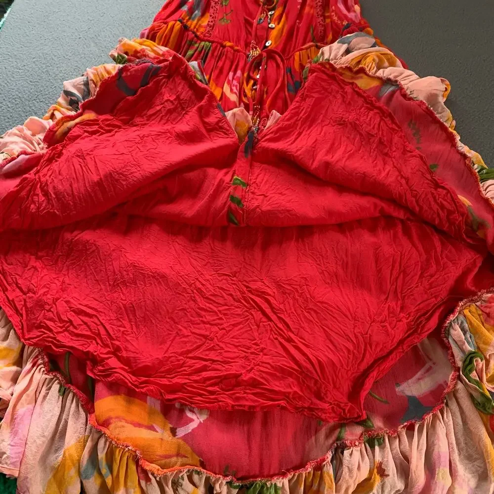 Farm Rio Mixed Fruits Ocean Maxi Dress Tiered Beaded Tassel Tropical Resort XL - Picture 9 of 16